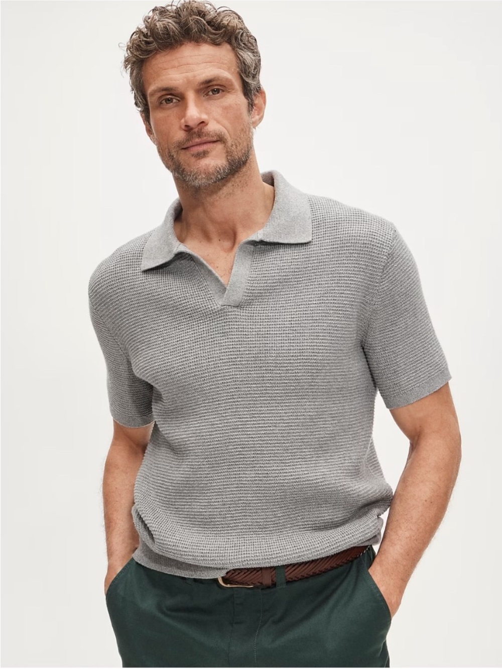 NEW J. Crew Short Sleeve Cotton Waffle Knit Polo Johnny Collar Sweater in Gray